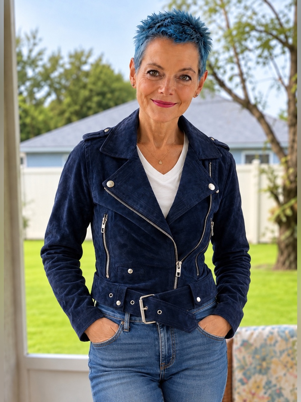 BLANKNYC XS Blue Suede Leather Moto Jacket Belted Biker 73K-9269